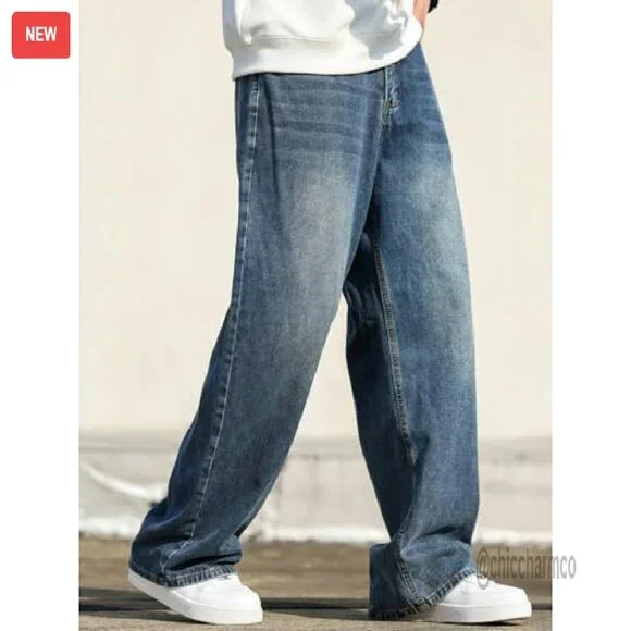 Men's Baggy Hip Hop Jeans Wide Leg Skater Denim Pants Loose Fit